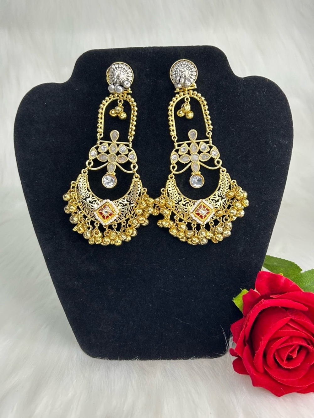 Elegant Gray Gold Silver Brass Kashmiri Earrings